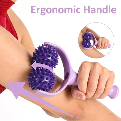CIATBYYJ Spiky Massage Balls Rollers with Dual Ball Design | Manual Massage Stick, Ergonomic Handle, Lightweight and Portable, Pain Relief for Back Neck Shoulder Leg - color: Purple