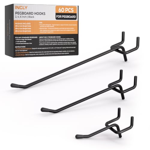 INCLY 60 Pack Black Pegboard Hooks, 2/4/6 Inch Metal Peg Board Hooks Accessories, Fit for 1/8'' and 1/4" Pegboard, Peg Board Hooks for Hanging Tools in Garage, Craft Room, Kitchen, Store - color: Black, size: 2/4/6 Inch