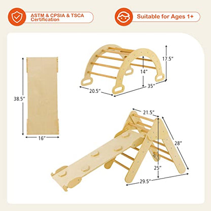 HONEY JOY 5 in 1 Wooden Climbing Toys for Toddlers, Triangle Climber with Ramp for Sliding or Climbing, Indoor Beech Montessori Triangle Climbing Arch Set for Daycare, Gym & Playground, Natural - style: 5 In 1