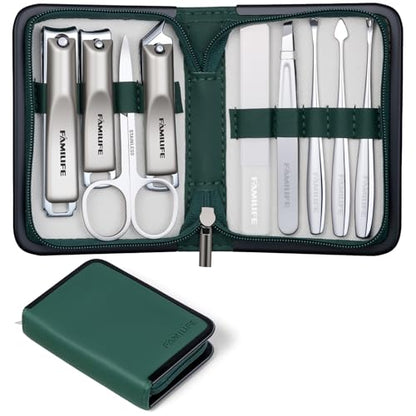 FAMILIFE Manicure Kit for Women, 9 Pcs Carbon Steel Nail Grooming Kit with Compact Case, Stylish Green Travel Manicure Set for Home, On-the-Go Care, Daily Use Nail Clipper Set (Green) - color: Green