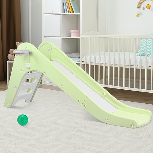 Toddler Indoor Slide, Foldable Baby Climber Playset with Basketball & Hoop | 63 in Extra Long Slope, Non-Slip Steps, Sturdy Plastic, Outdoor Playground for Backyard, Home & Playroom Use, Light Green - color: Light Green