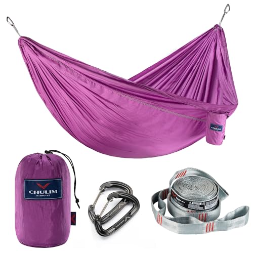 Double Camping Hammock With 9ft Straps & 12kn Aluminum Wiregate Carabiner - Lightweight Portable Parachute Nylon for Outdoor Camping, Travel, Beach - color: Purple, size: 70D Nylon