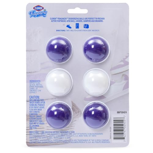 Clorox Fraganzia Deodorizing Balls with Lavender and Eucalyptus Scent, Shoe and Bag Odor Eliminator Balls for Shoes Lockers and Gym Bags with Long Lasting Freshness, 6 Count - 12 Pack - size: 6 Count (Pack of 12)