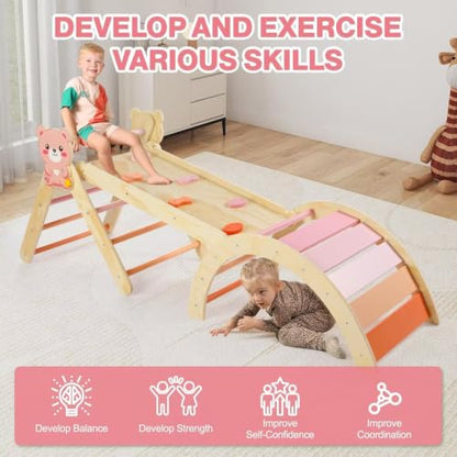 Pikler Triangle Set with Cushion, 7 in 1 Toddler Climbing Toys Indoor | Foldable Space-saving Design, Montessori-inspired Learning, Reversible Slide & Ramp, ASTM F963 Standards for Toddlers 18M-5Y - color: Bear