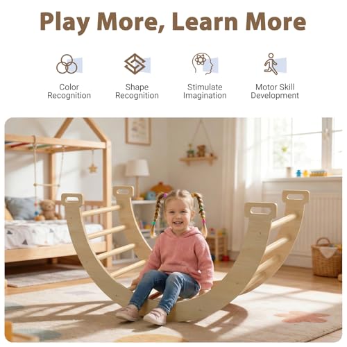 Large Pikler Triangle Set, 7-in-1 Toddler Climbing Toys Indoor, Wooden Montessori Climbing Set with Arch Ramp Ladder, Foldable Baby Jungle Gym Playground (Wood Natural) - color: Nature Wood