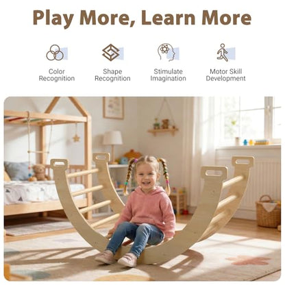 Large Pikler Triangle Set, 7-in-1 Toddler Climbing Toys Indoor, Wooden Montessori Climbing Set with Arch Ramp Ladder, Foldable Baby Jungle Gym Playground (Wood Natural) - color: Nature Wood