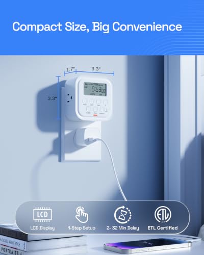 HBN Outlet Timer Indoor Plug in Timers for Light Lamps Fan, Digital Timer | for Electrical 3-Prong Dual Outlet, 7 Day 8 ON/OFF Programmable Timer Outlets for Kitchen, Home, Vacation Mode,15A/1875W