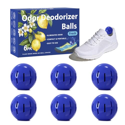 Sneaker Deodorizer Shoe Freshener Balls 6 Pack Fresh Scent, Small Spaces Odor Eliminator for Gym Bags, Cars and Lockers, Long-Lasting Odor Control, No Twist Just Drop In