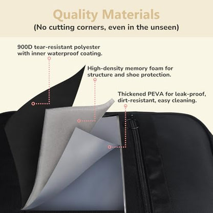 Black Shoe Bag for Travel, 2 Layers Waterproof Shoes Organizer | Holds 3 Pairs,Trolley Strap,Easy Clean Lining,Leak Proof,Dual Zippers - color: ClassicBlack