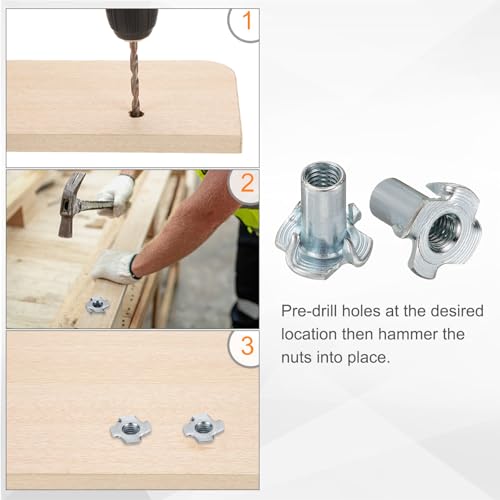 HARFINGTON M6x17mm T-Nuts 4 Pronged Tee Nut 0.69" x 0.67" Fully Thread Carbon Steel Inserts for Wood, Rock Climbing Holds, Cabinetry, Furniture 50pcs - size: M6x17mm