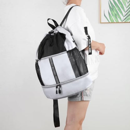 Valleycomfy Drawstring Gym Bag Sports Backpack With Shoe Compartment White | Reflective Strips Top Handle - color: White