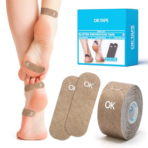 OK TAPE Blister Prevention Tape, 40 Pcs, Moleskin for Blisters, No-Residue Blister Bandages for Feet & Body, Heel Patches, 1.2in X 3.5in Precut Strips - Brown - color: Brown