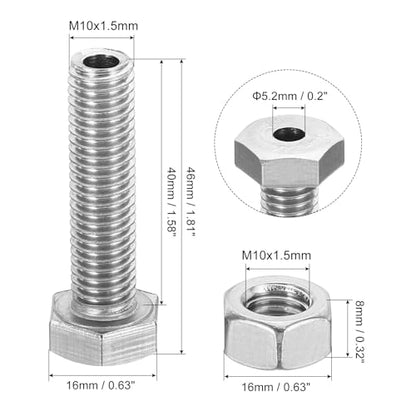 PATIKIL M10x40mm Hollow External Hexagon Screw, 2 Set Cylindrical Lamp Threading Socket Screws Through Hole Bolt with Nut 304 Stainless Steel - size: 40mm