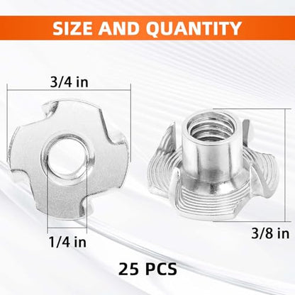 1/4"-20 T-Nut, 5/16" Barrel Length, 304 Stainless Steel Threaded Insert, 4-Pronged Tee Nut for Wood, Rock Climbing Holds, Cabinetry, Furniture, 25 PCS - size: 1/4"-20