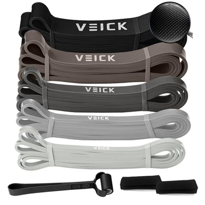 VEICK Pull Up Assist Resistance Bands for Home Gym | 100% Natural Latex, Non Slip Leather Texture, Space Saving, Versatile for Full Body Training, Home Gym - color: Gray Set of 5 + Hand Grip Pads