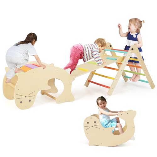 Costzon Climbing Toys for Toddlers, Foldable Montessori Wooden Arch Climber Ladder with Sliding Ramp, Play Table, Multi-Combination Methods, Kids Triangle Climber Play Gym Set for Boys Girls Present - style: 7 in 1 Arch Climber Ladder, Rainbow