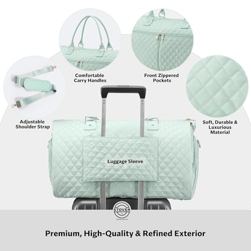STOVER Women’s Convertible Garment Duffel Bag for Travel – 2-in-1 Carry-On Weekender/Overnight Tote - Wrinkle-Free Dresses, Suits & Clothes + Shoe Compartment & Bonus Toiletry Bag (Coastal Mint) - color: Coastal Mint