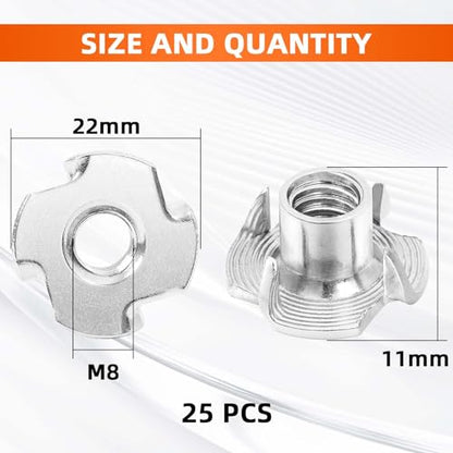 M8 T-Nut, Barrel Length 10mm, 304 Stainless Steel Threaded Insert, 4-Pronged Tee Nut for Wood, Rock Climbing Holds, Cabinetry, Furniture, 25 PCS - size: M8