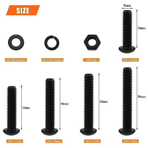 HELIFOUNER 75 Pieces M8 x 30mm /35mm /40mm /45mm /50mm, Button Head Socket Cap Metric Screws Bolts Washers Nuts Kit, 10.9 Grade Alloy Steel, Fully Threaded, Black - size: M8 x 30/35/40/45/50mm, style: Button Head
