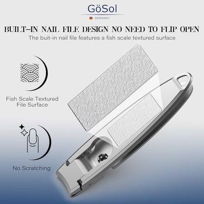 Nail Clipper Anti-Splash, Stainless Steel, Wide Jaw Sharp Blades | Nail Cutter with Catcher, Built-in Lock, One Handed Open & Close, for Thick Nails, with Built-in File, Washable, Heavy Duty - style: Curved Blades Nail Clipper