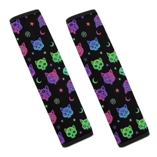 Universal Soft And Comfortable Car Seat Straps Shoulder Pads for Girls And Boys, Most Cars, 1 Pair Kawaii Trippy Black Cat Moon Stars Colorful Neon Trippy Harness Pads Strap Comfortable Driving - color: Pattern 531