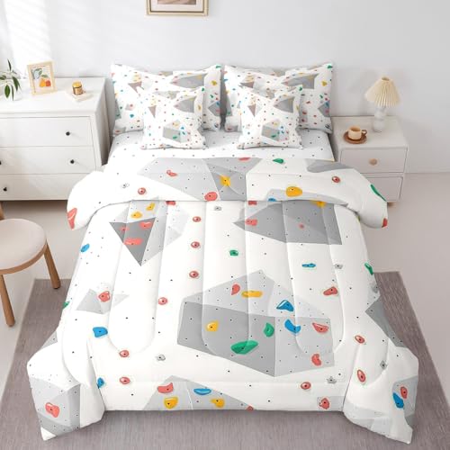 Climbing Wall Twin 7 Piece Comforter Set for Kids Teens Adults, Colorful Climbing Holds Printed Bed in a Bag, Rock Climbing Bouldering Sheet Set with Comforter, Bouldering Sports Theme Bedding Sets - color: Grey White, size: Twin