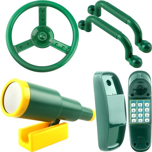 5 Pack Kids Playground Accessories Set Swingset Steering Wheel Plastic Telescope Safety Handles Telephone Toy for Outdoor Playhouse Playset (Color Set 1) - color: Color Set 1