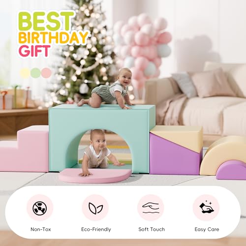 TOLEAD Soft Foam Climbing Blocks Set – Large 5-in-1 Soft Play Toys Crawling & Sliding Climbing Arch for Toddlers, Foam Playset for Nursery,Preschool,Pink - color: Pink