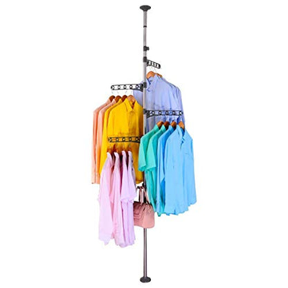 BAOYOUNI 4-Tier Standing Clothes Laundry Drying Rack Coat Hanger Organizer Floor to Ceiling Adjustable Metal Corner Tension Pole, Grey | Metal Corner Tension Pole，Floor to Ceiling Adjustable ， Space-Saving Laundry Organizer，No Drilling Required