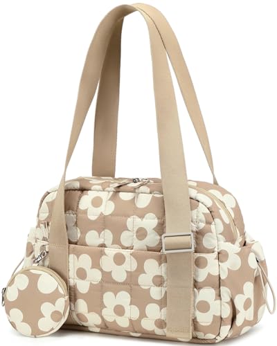 CAMTOP Mini Gym Bag for Women, Small Gym Tote Bag Puffy Quilted Sports Duffel Bag with Wet Compartment and Coin Purse Duffel Bags Dance Yoga Workout Bag for Gifts (Brown Flower, Mini-12.6") - color: Brown Flower, size: Mini-12.6"