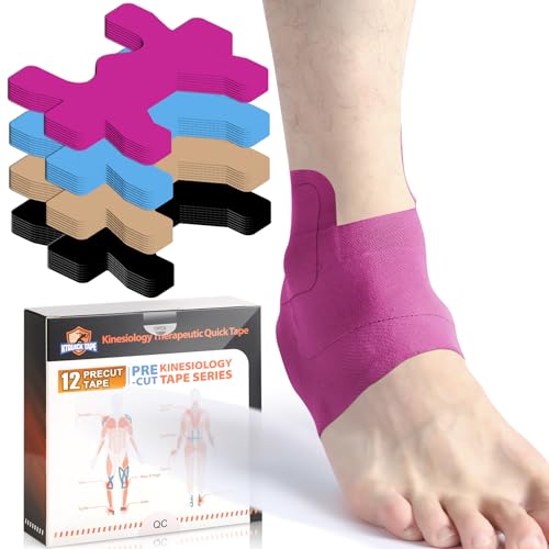 Kinesiology Tape for Ankle, KTQUICK 12 Count Ankle Tape Precut, Original Cotton Waterproof & Breathable, Enhance Elastic Kinesiology Athletic Tape for Ankle Support and Muscle to More Sports (Pink) - color: Pink