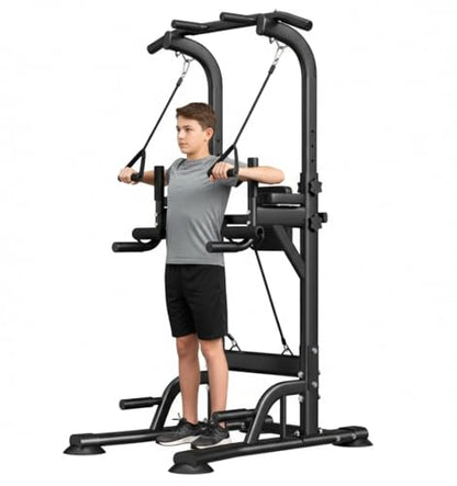 Freestanding Power Tower Dip Station, Adjustable Pull Up Bar for Home Gym with Backrest & Resistance Bands, 450 LBS Heavy Duty Multi-Function Calisthenics Workout Equipment for Adults & Teens