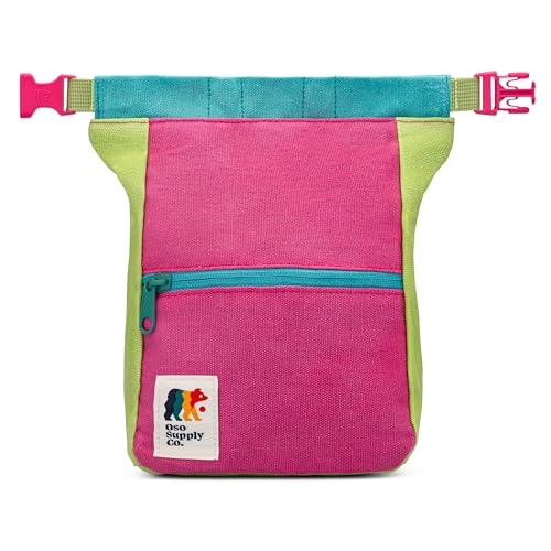 Oso Supply Co - Kulshan Bouldering Bucket, Large Size Chalk Bag for Rock Climbing, Chalk Pot with Magnetic Roll Down Closure, Brush Loop, Zippered Pockets for Climbers - color: Magenta & Moss Green