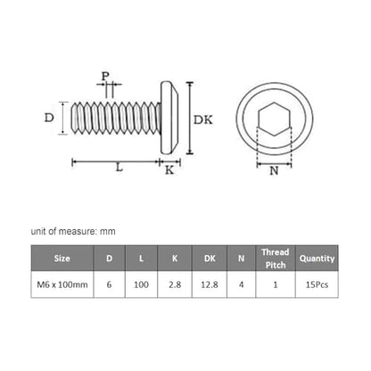 VGBUY M6-1 x 100 mm 15pcs Flat Head Hex Socket Cap Screws Metric M6 Bolts, 304 Stainless Steel 18-8, Black Zinc Plated, Full Thread, with Hex Spanner - size: M6 x 100mm(15pcs)