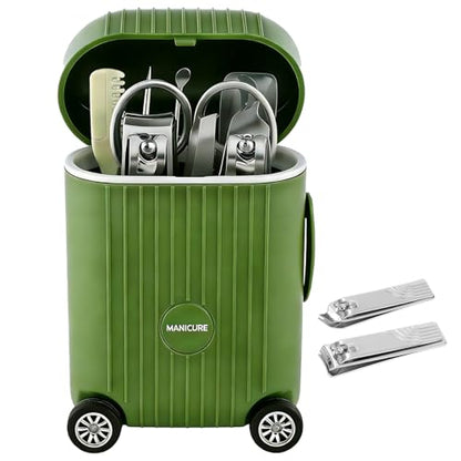 8-Piece Manicure Set in Mini Suitcase, Cute Travel Nail Clipper Kit with Stainless Steel Tools, Portable Grooming Care for Car Console, Office Desk Decor & Unique Gift, Olive Green, 3.9"