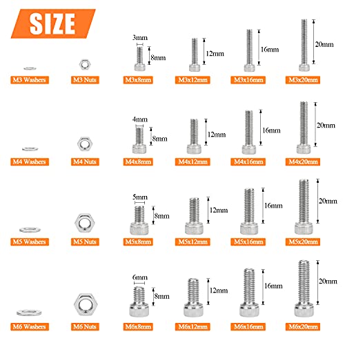 HELIFOUNER 810 Pieces M3 M4 M5 M6 304 Stainless Steel Hex Socket Cap Metric Screws Bolts Washers Nuts Hardware Assortment Kit with Hex Wrenches - size: M3 M4 M5 M6 (810 Pieces), style: Socket Head Screws