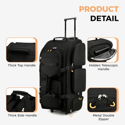 Searock 90L Rolling Duffle Bag with Wheels and Handle, 31” Large Duffle Bag for Travel, Carry On Luggage Duffel Bag with Shoe Compartment, Multi-Pocket, Water Resistant, Black - color: Black