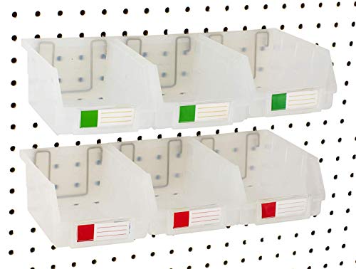 Pegboard Bins – 6 Pack Clear Large - Hooks to Any Peg Board - Organize Hardware, Accessories, Attachments, Workbench, Garage Storage, Craft Room, Tool Shed, Hobby Supplies, Small Parts - color: Clear, size: 5 Inch (Pack of 6)