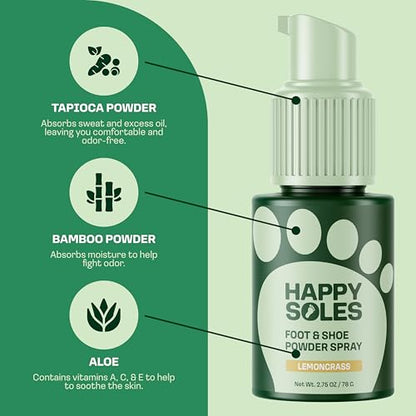 Foot & Shoe Deodorizer Powder Spray - Talc-Free, Vegan, Non-Aerosol Mess-Free Spray - Absorbs Sweat & Fights Odor with Bamboo & Tapioca - Long-Lasting Freshness & Comfort (Lemongrass)