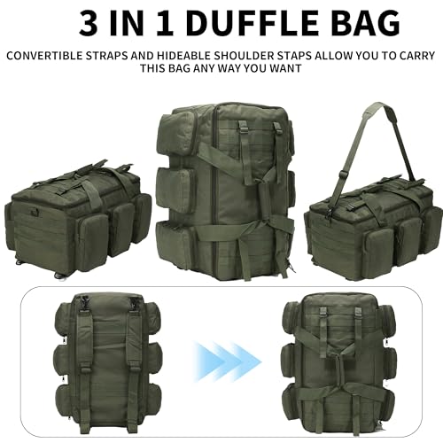 3 In 1 Military Duffel Bag 50L Gym Bag for Men Convertible Weekender Backpack for Sports Travel Basketball - color: 50L-ArmyGreen