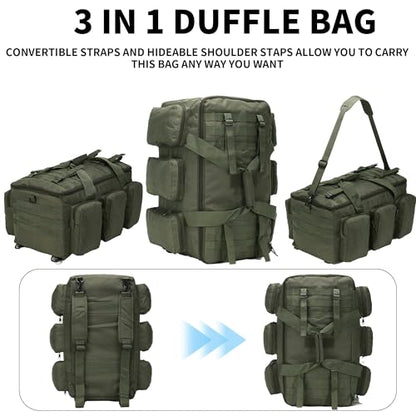 3 In 1 Military Duffel Bag 50L Gym Bag for Men Convertible Weekender Backpack for Sports Travel Basketball - color: 50L-ArmyGreen
