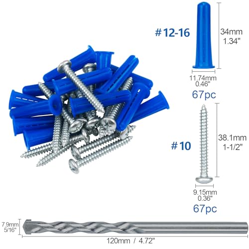 #12-16 Wall Anchors and Screws Kit, 134 PCs Drywall Anchors for Drywall Brick Masonry Stucco Concrete, 67 Plastic Concrete Anchors and 67 Wood Screws, Drywall Anchors for Picture, Curtain Rod - style: 134 PCs