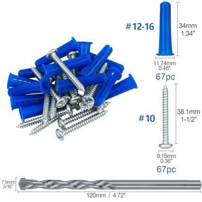 #12-16 Wall Anchors and Screws Kit, 134 PCs Drywall Anchors for Drywall Brick Masonry Stucco Concrete, 67 Plastic Concrete Anchors and 67 Wood Screws, Drywall Anchors for Picture, Curtain Rod - style: 134 PCs