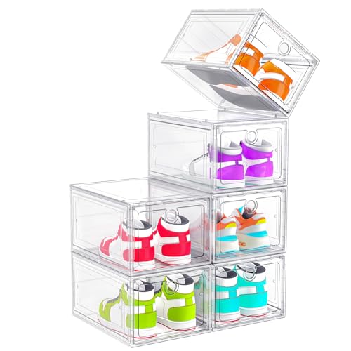 ARSTPEOE 6-Pack Clear Shoe Storage Boxes Magnetic Stackable | Upgraded Harder Material, Stackable Space-saving, Fits Sneakers & Boots, Clear Magnetic Front Door - color: White, size: Upgrade 6 Pack