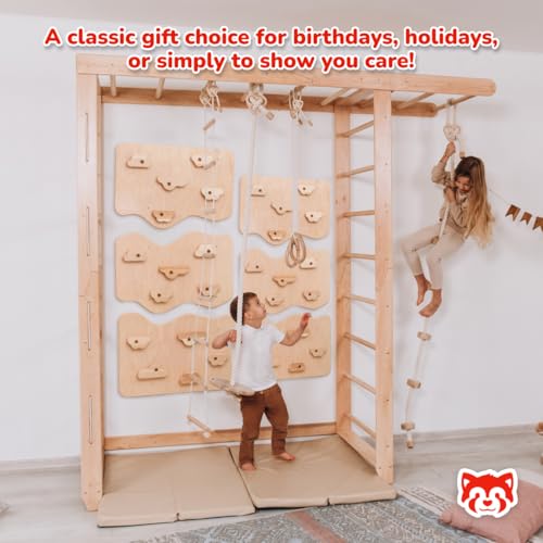 Wood And Hearts 7-in-1 Swedish Ladder Big Bridge Indoor Gym for Kids Active Play – Monkey Bars, Climbing Wall, Rope Accessories & Play Mats (6 Climbing Wall Panels)