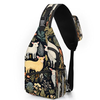 Sheep Flowers Sling Bags for Women Men, Waterproof Crossbody Sling Backpack Travel Outdoor Sports Chest Bag - color: Black
