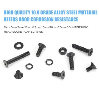 DYWISHKEY 386 Pieces M4 Black Screws, 10.9 Grade Alloy Steel M4x 6/8 /10/12 /16/20 /25mm Countersunk Head Socket Cap Screws Bolts Nuts Washers Assortment Kit - size: M4, style: Countersunk Head Socket Cap