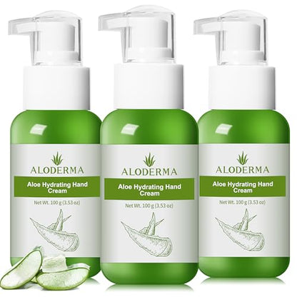 Aloderma Aloe Hydrating Hand Cream, Non-Greasy Hand Lotion, 3.5 oz x3 | Gently scented vegan formula with shea butter, travel size 100 ml hand cream for cracked skin - ideal for office or gym use - size: 3.5 Fl Oz (Pack of 3)