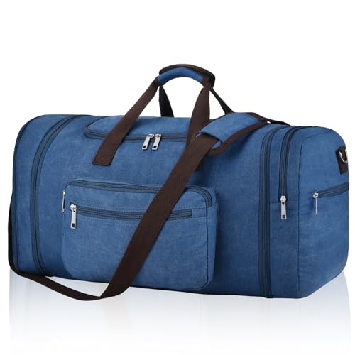 Felipe Varela 60L Canvas Duffle Bag for Men, Travel & Gym Carry on, Blue | Lightweight, Expandable, Large Capacity, Water-Repellent, Eco Certified, Travel Duffel Compliant for Overnight & Weekend Trip - color: Blue, size: 60L