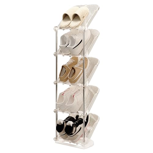 YYW Transparently Narrow Shoe Rack, Vertical Shoe Rack for Entryway Corner | Small Shoe Storage Organizer, Save Space Slim Shoe Shelf for Front Door Entrance, Easy To Assemble, PET Material - color: White, size: 5 Tier